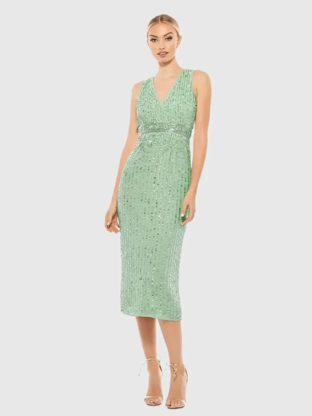 Mac Duggal 70267 Green Sequined V-Neck Midi Sheath Dress – Size 0 NWT